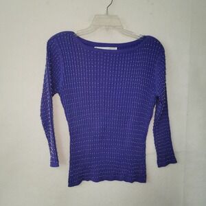 Lillie Rubin Beaded Sweater Womens L Blue Ribbed Knit Embellished 3/4 Sleeve